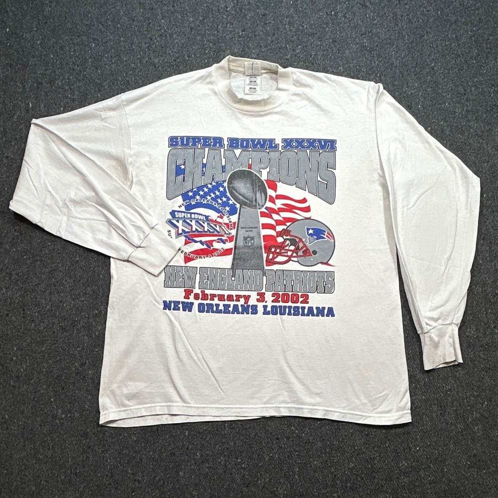 New England Patriots Super Bowl XXXVI Champions Sz XL Mens White Y2K Long Sleeve